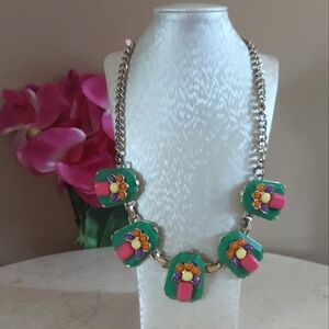 Charming Charlie Multicolored Flower Motif Resin Necklace on Goldtone Link Chain